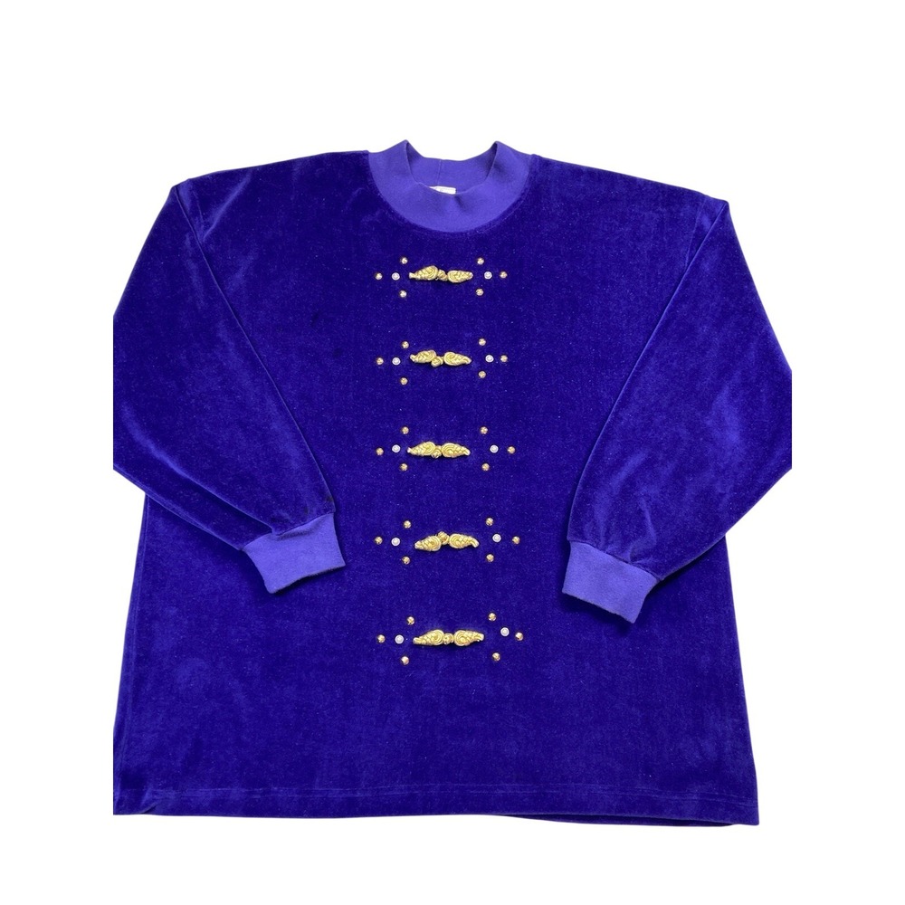 Neiman Marcus Blouse Womens XL Purple Velour Beaded Embellished Mock Neck Top